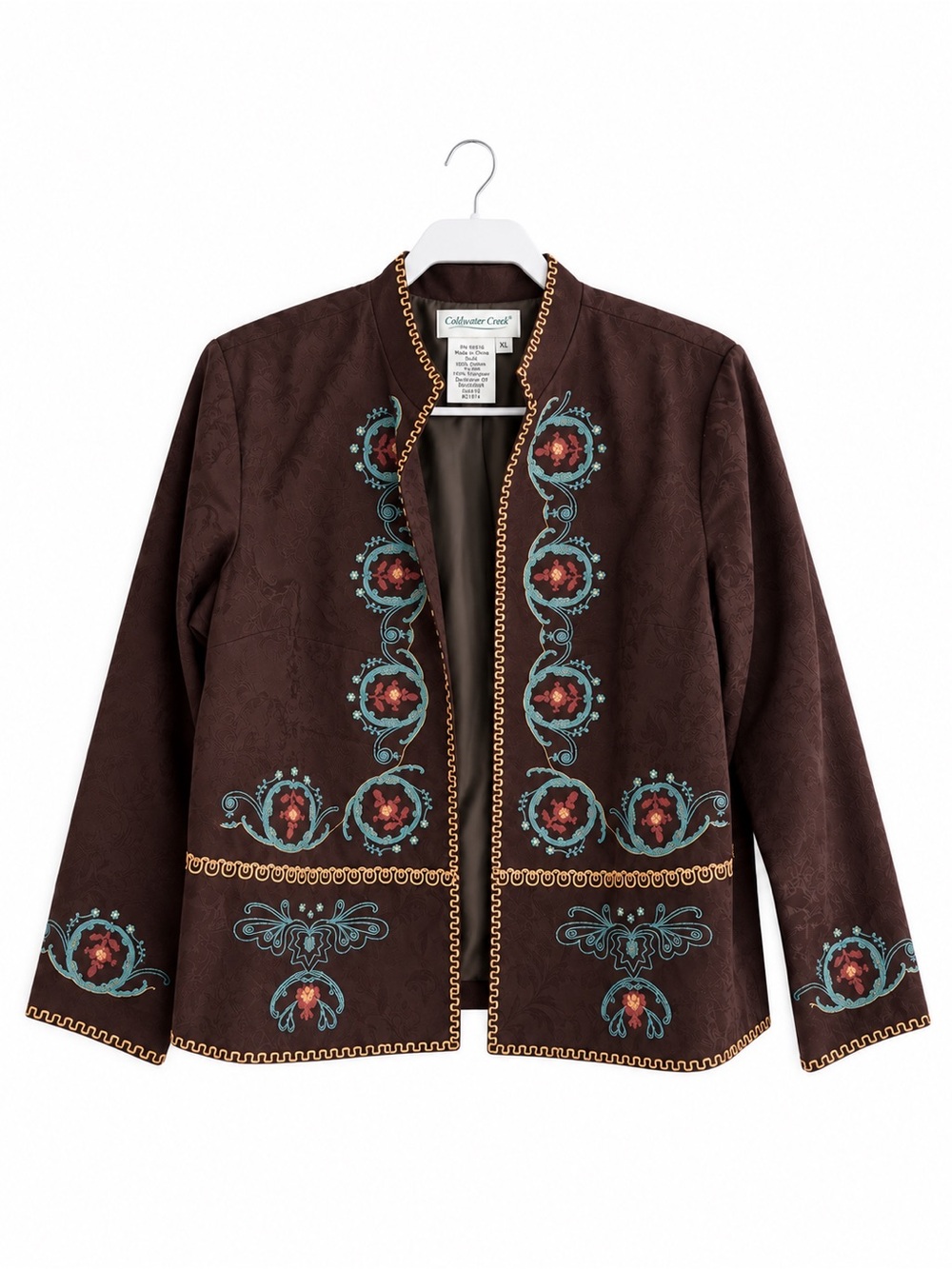 Coldwater Creek XL Brown Embroidered Jacquard Jacket Boho Art to Wear
